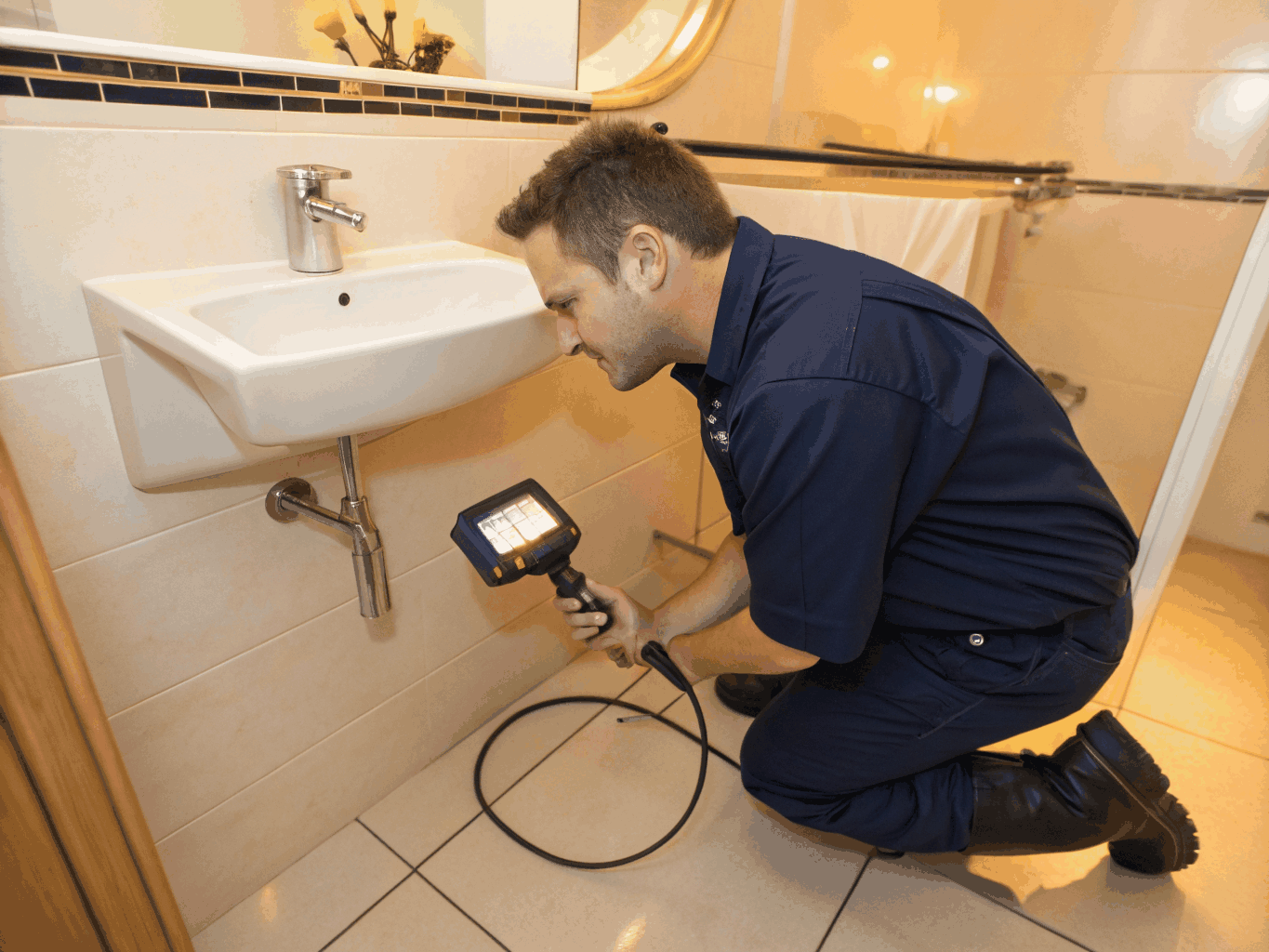 Licensed plumbing specialist performing diagnostic pipe inspection