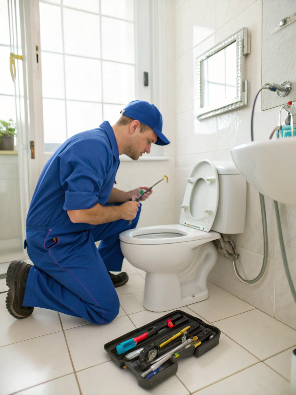 Plumber servicing an American Standard toilet in a modern bathroom