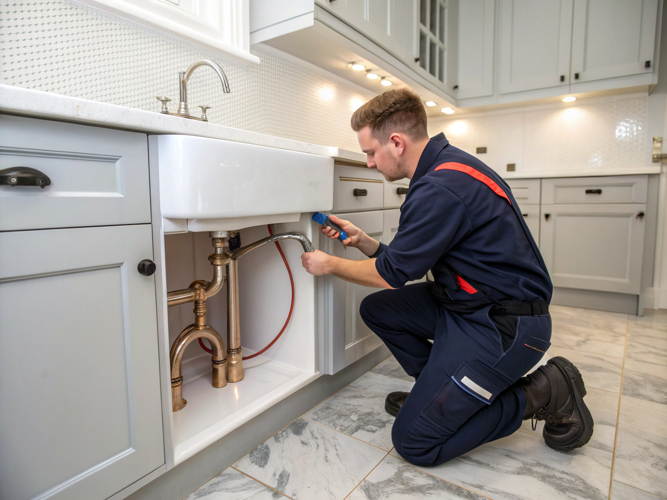 Plumber repairing modern Delta kitchen faucet and sink fixture