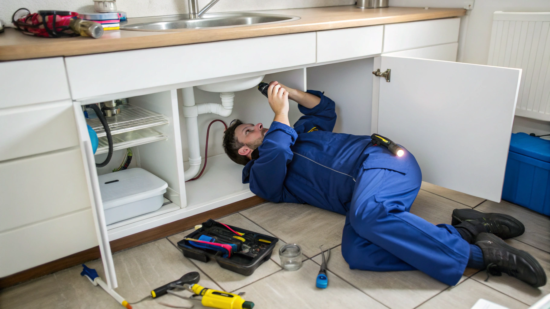 Plumber repairing jammed under-sink garbage disposal