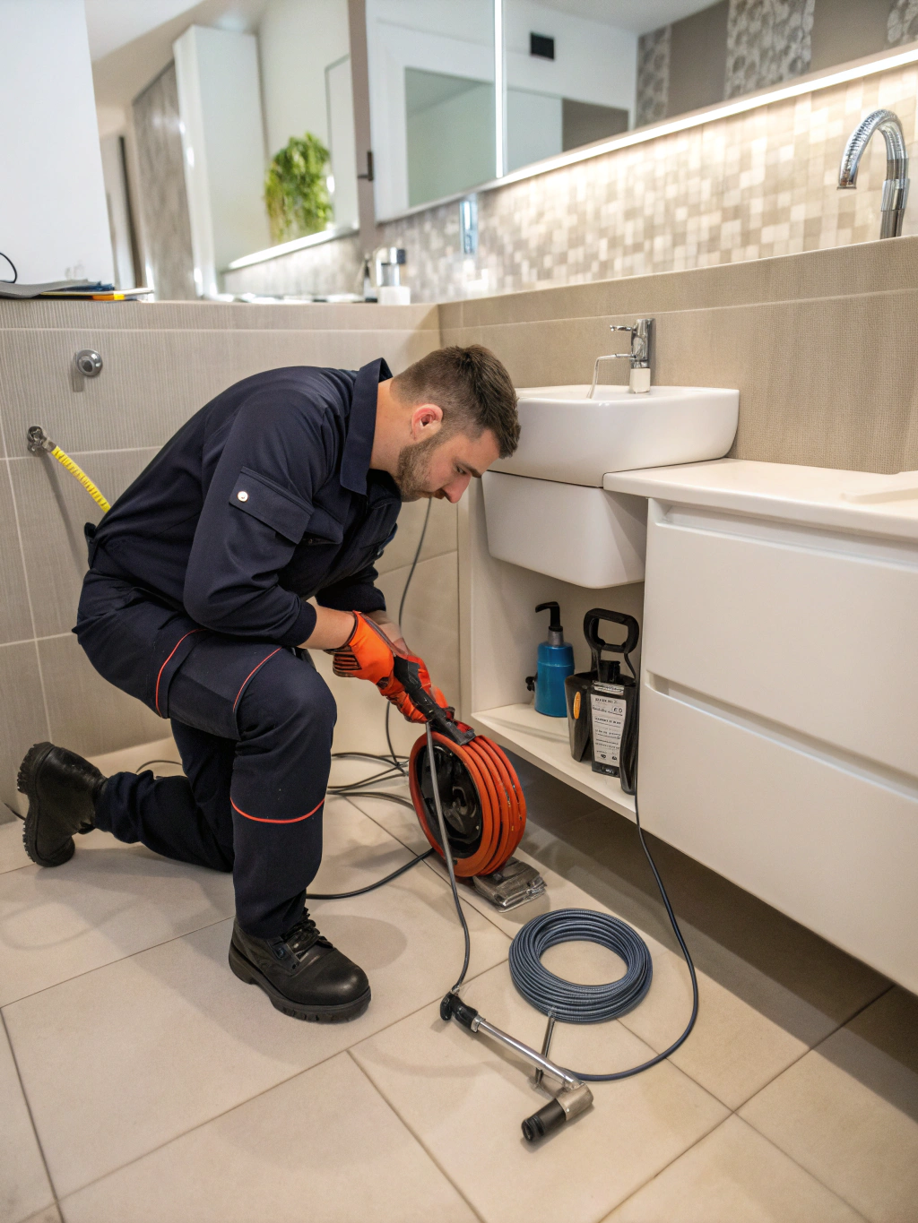 Plumbing technician inspecting and cleaning residential drains