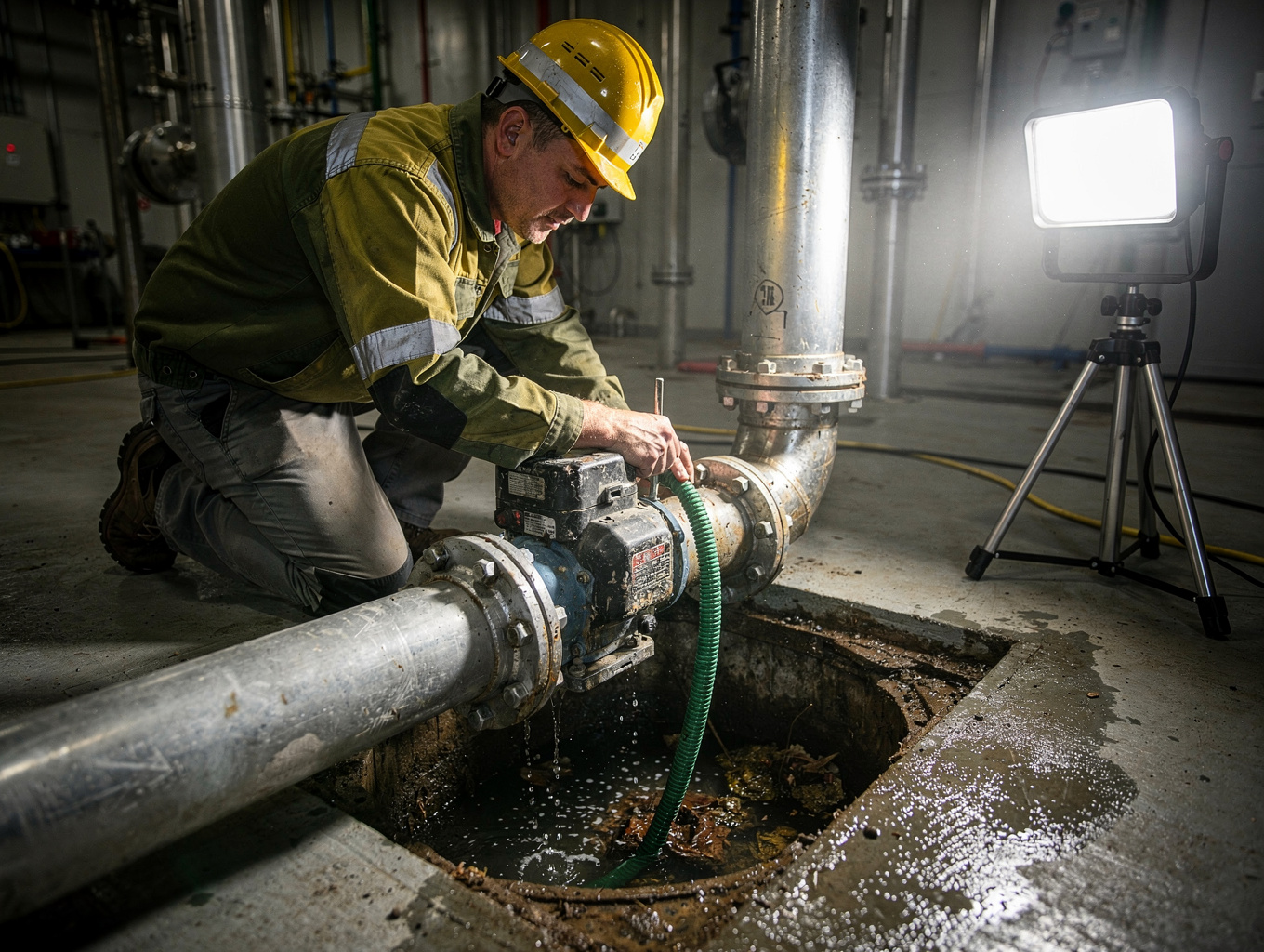 Professional motorized drain snaking equipment resolving a severe clog