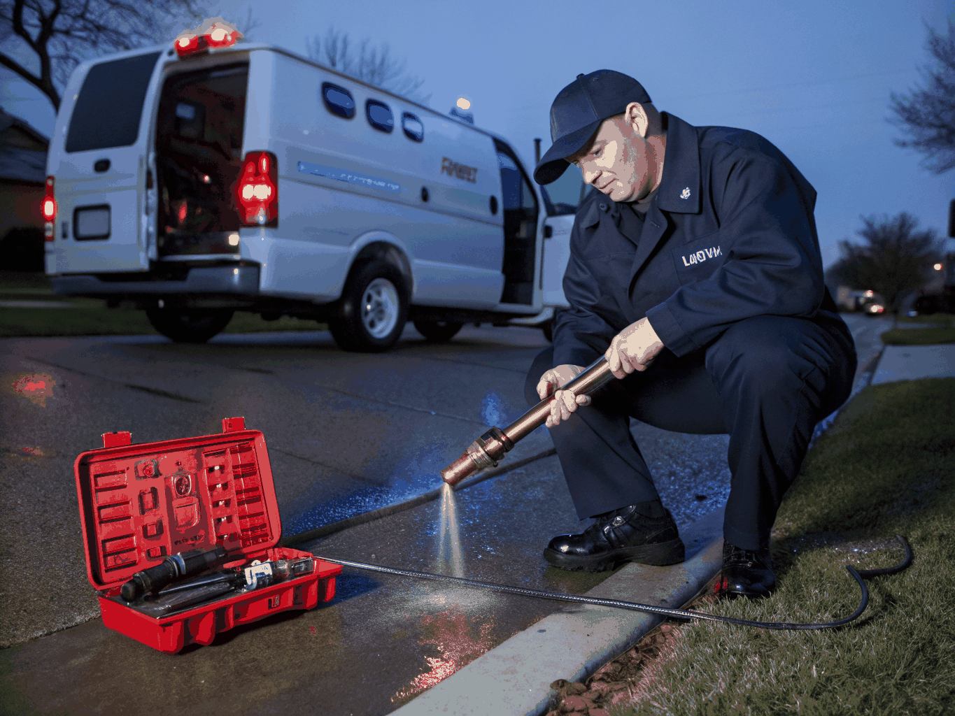 Emergency plumbing vehicle arriving at residential driveway with equipment