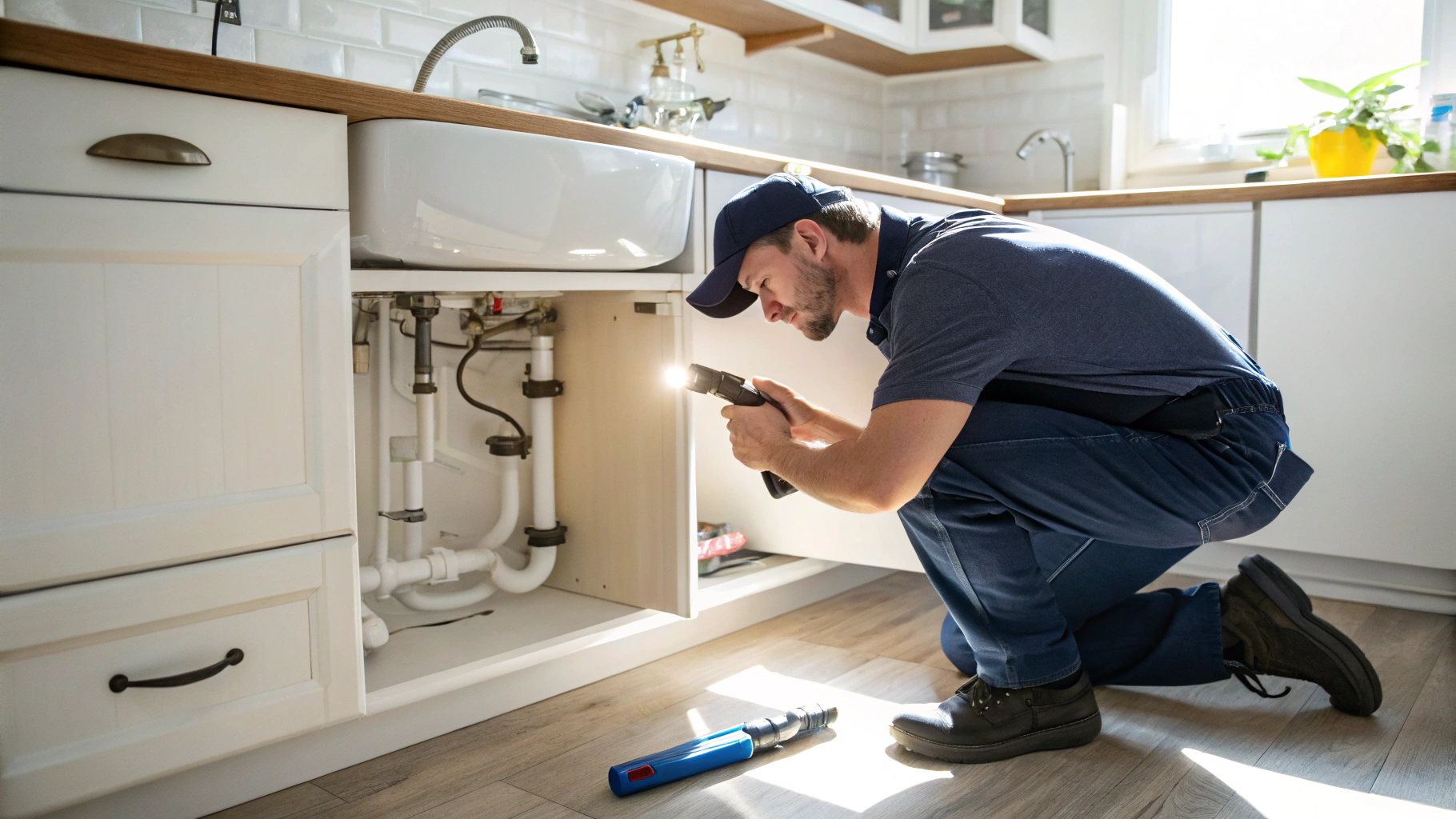 Plumber inspecting a kitchen faucet leak in Jonesboro