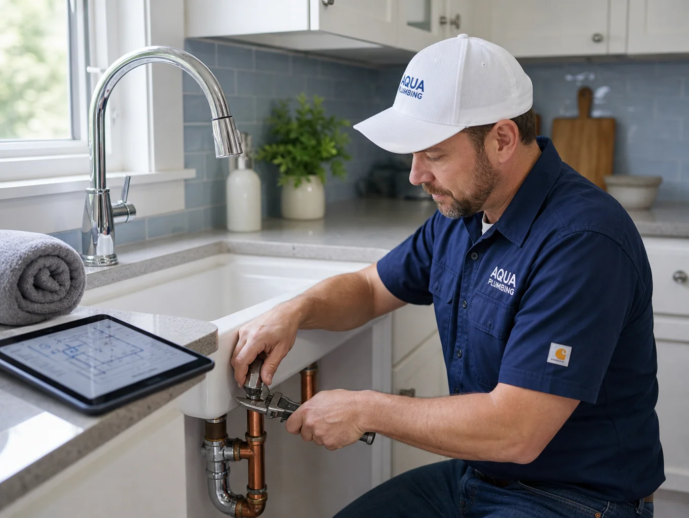 Plumber fixing kitchen sink plumbing pipes under counter