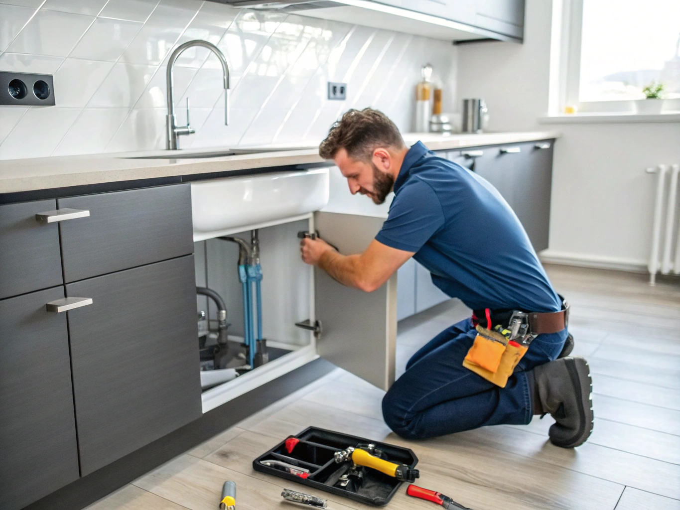Plumber inspecting and repairing a garbage disposal under kitchen sink
