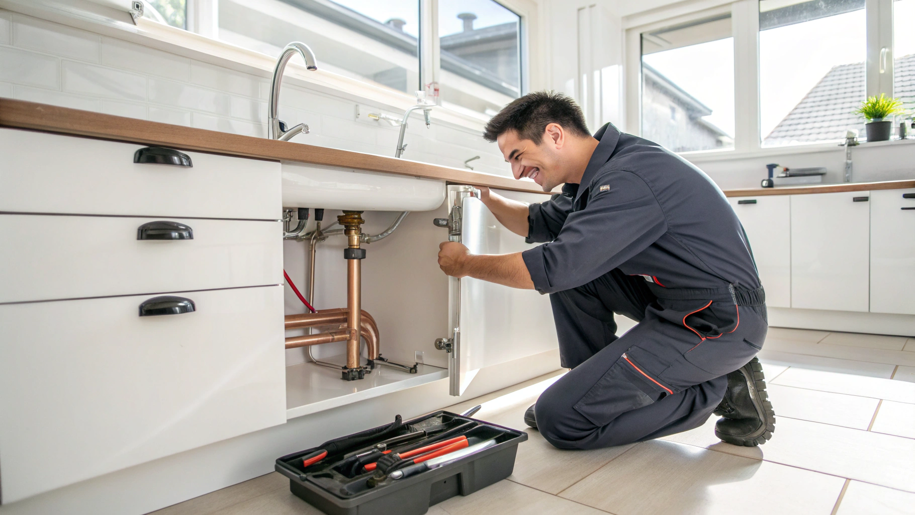Plumber repairing a garbage disposal under kitchen sink