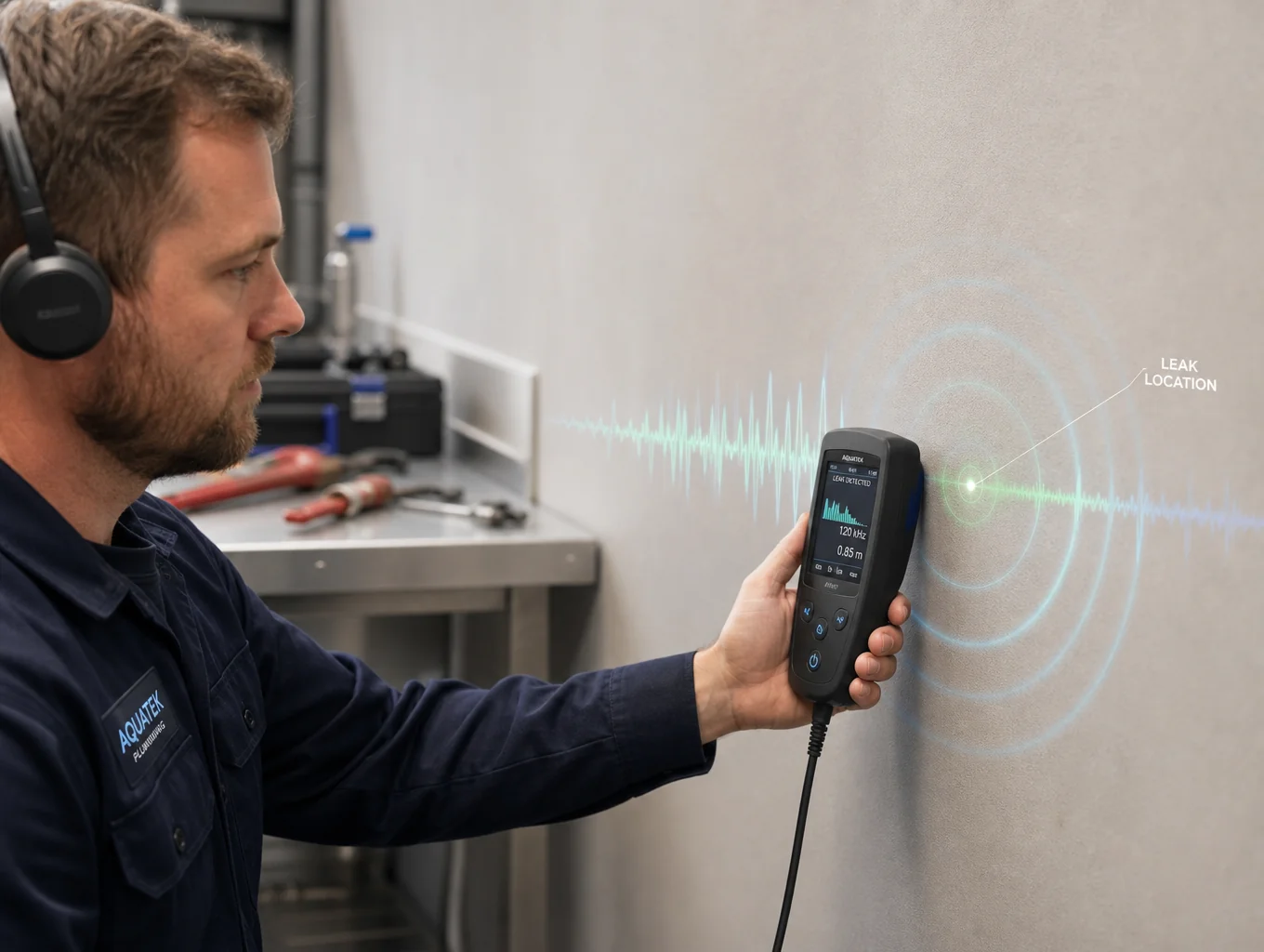 Professional plumber using acoustic leak detector equipment in residential home