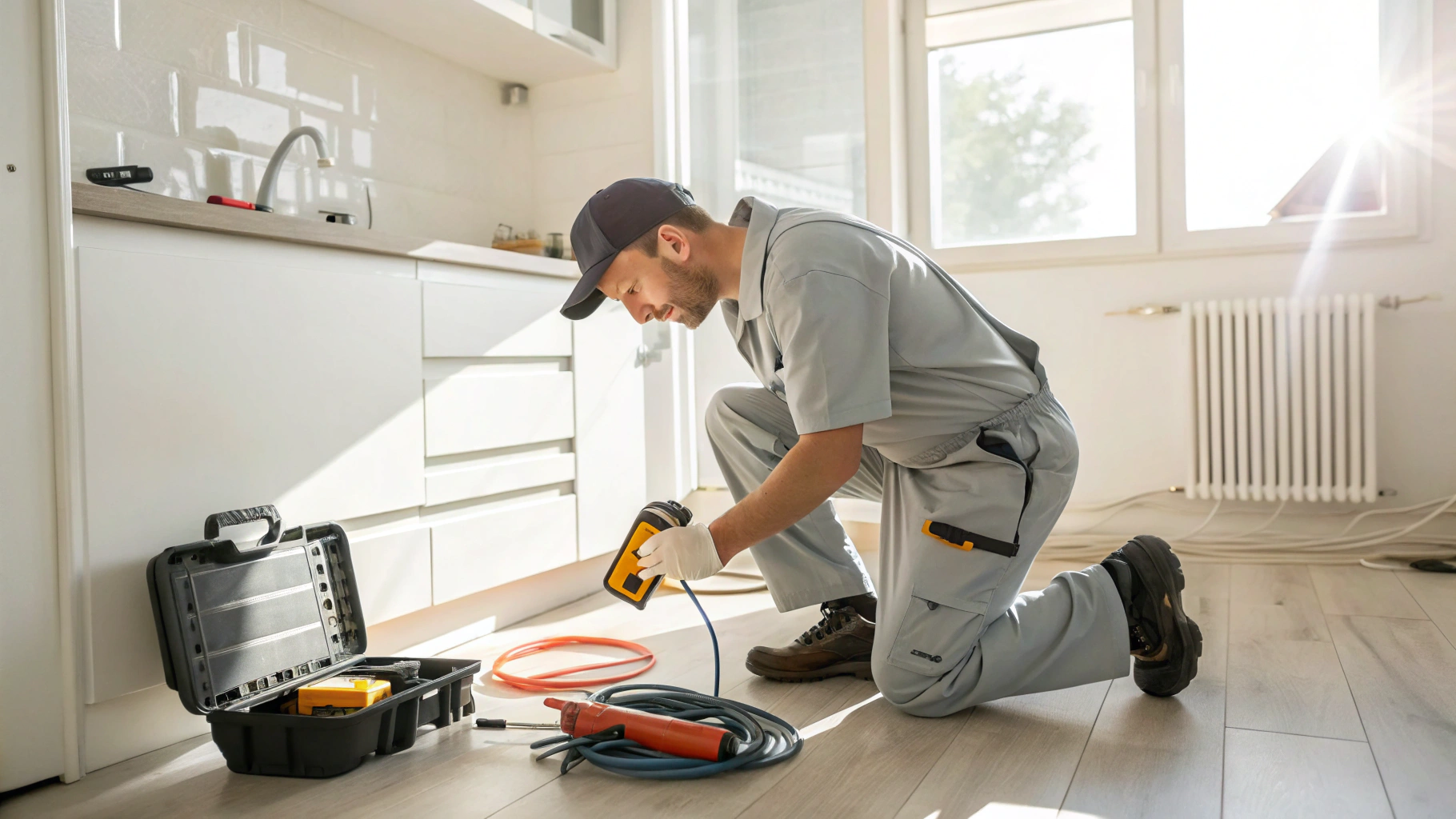 Plumber using electronic leak detection equipment to locate hidden water leak
