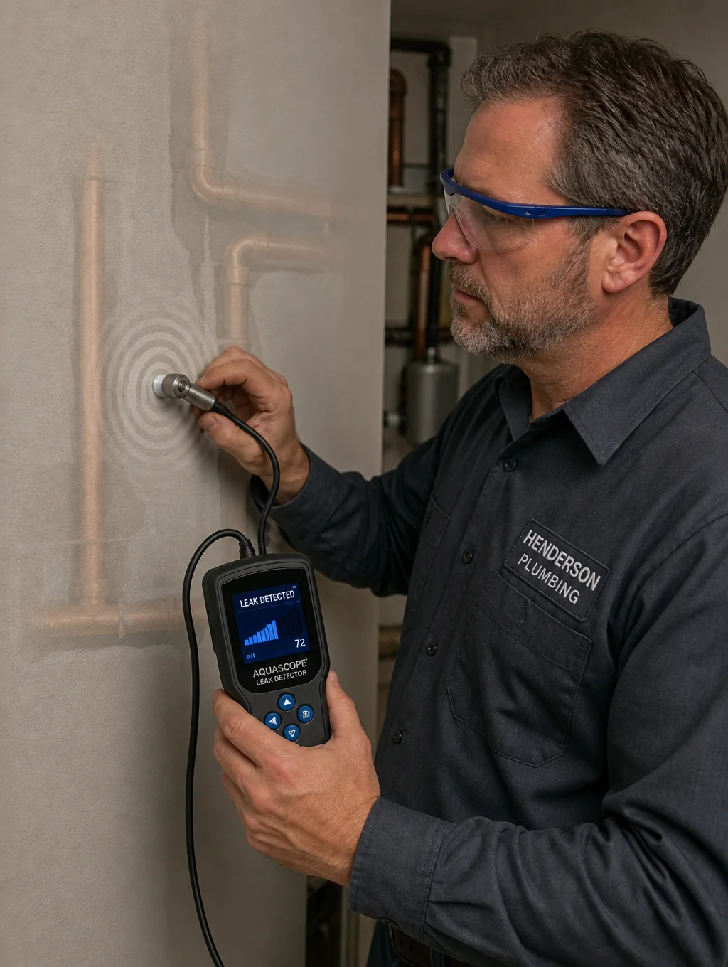 Plumbing technician detecting water leak in residential wall