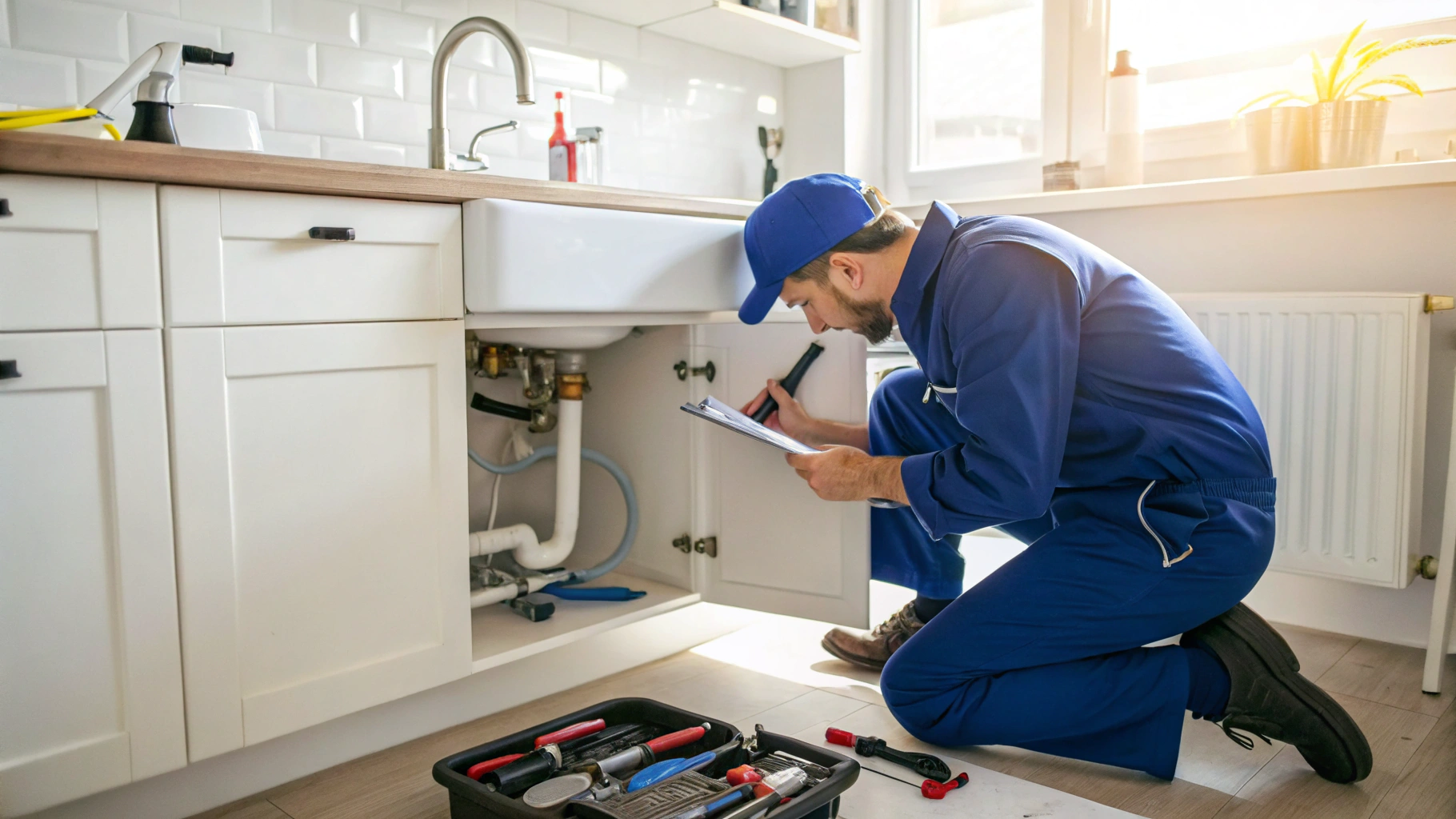 Professional plumber inspecting pipes in Lovejoy GA home