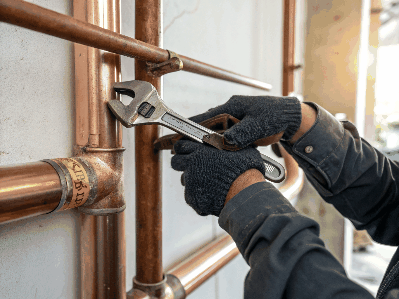 Plumber fixing damaged copper water supply pipes under pressure