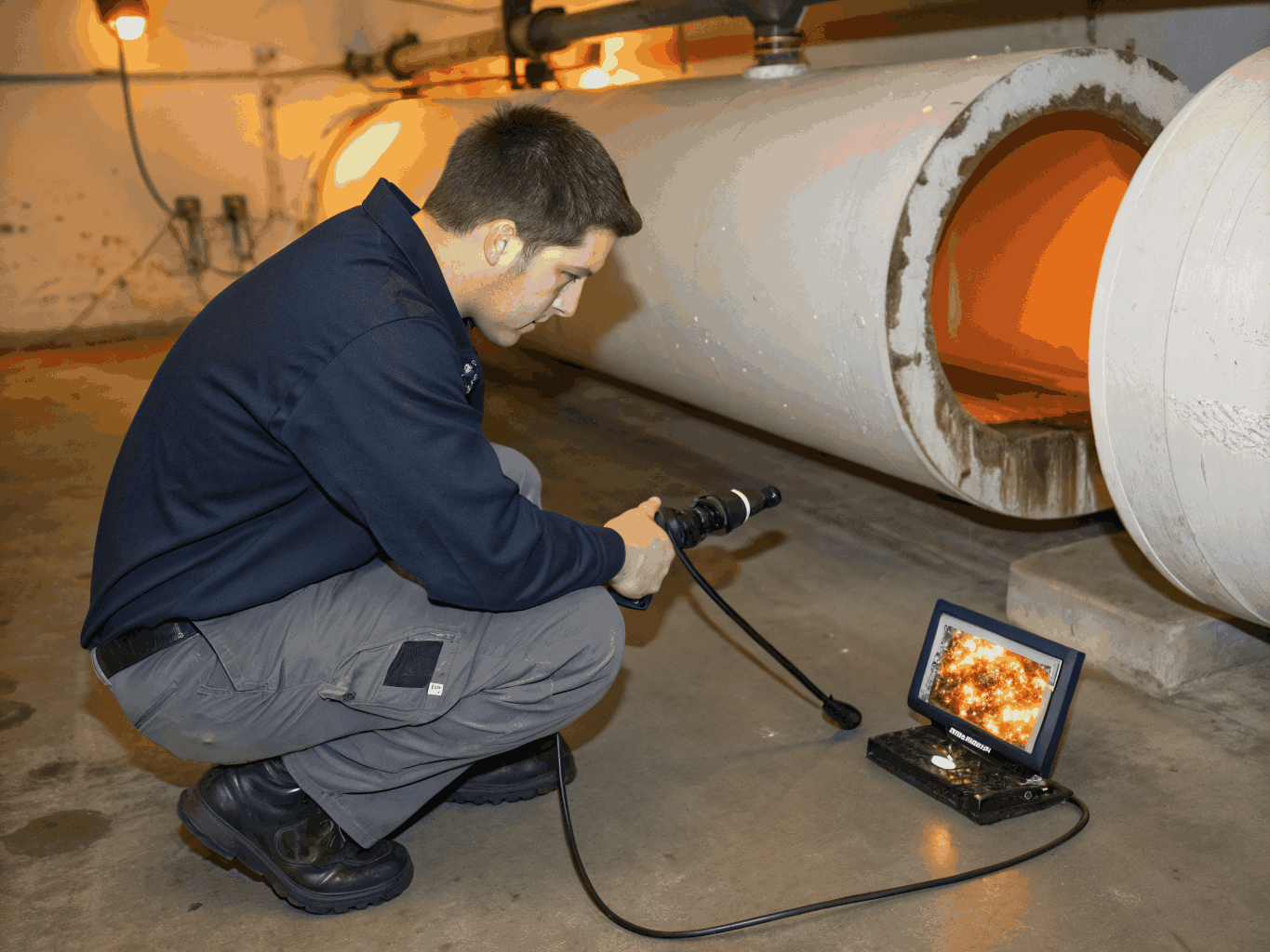 Plumber diagnosing and repairing damaged copper water pipe in residential basement
