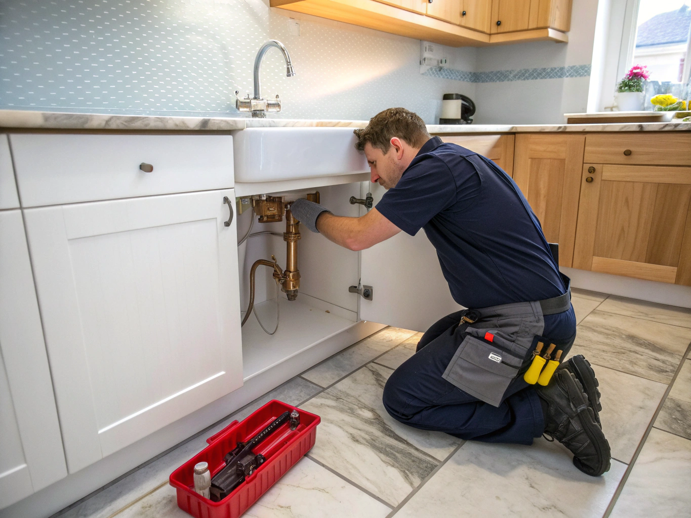 Plumber diagnosing kitchen sink and faucet lines