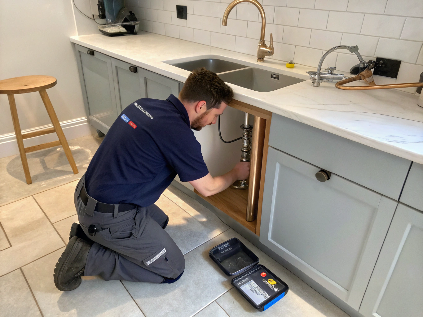 Plumbing professional installing clean new pipes in a home