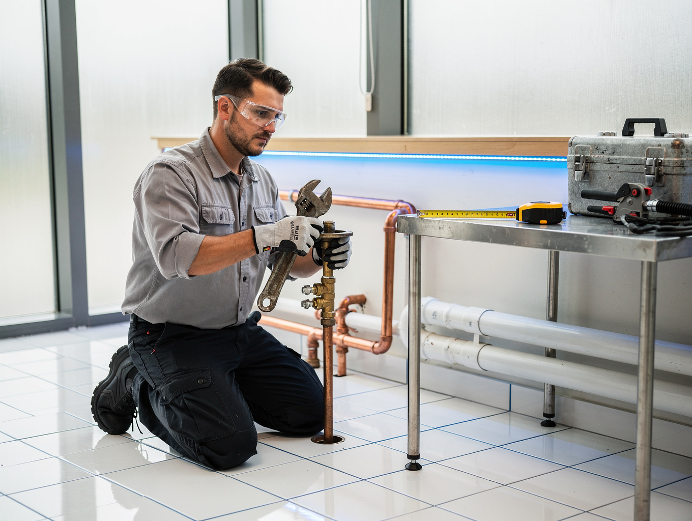 Plumber inspecting domestic water supply line inside a home