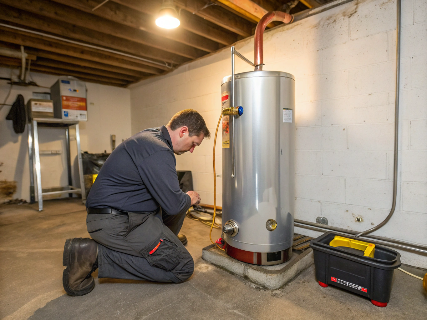 Plumber servicing a Rheem water heater system