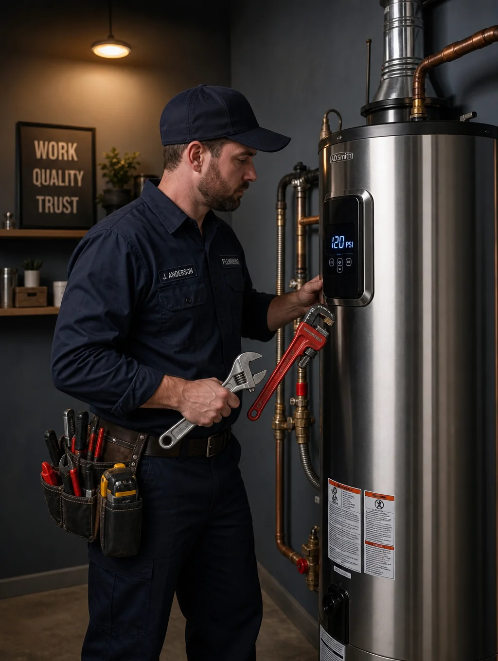 Certified plumber installing modern Rinnai tankless water heater