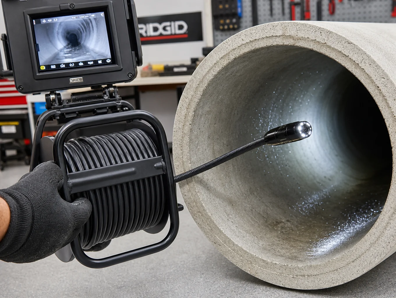 Professional sewer line video camera inspection in action