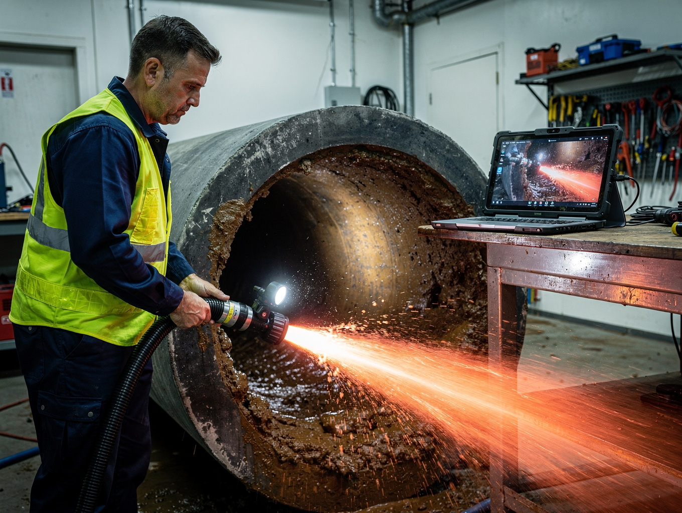 Technician inspecting sewer drainage lines with specialized camera tools