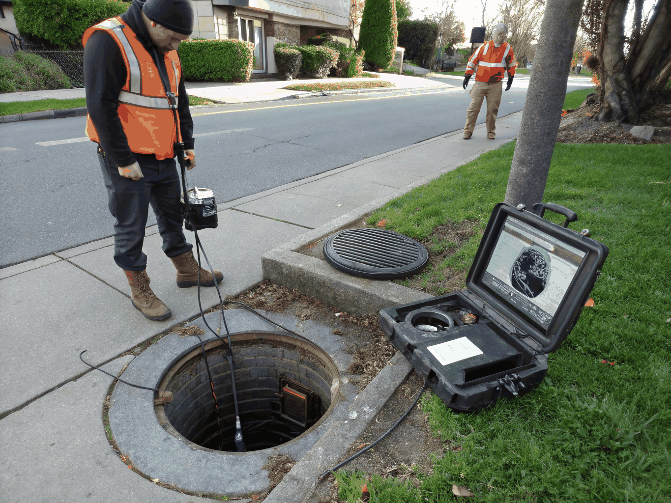 Technician inspecting underground sewer line with specialized camera monitor