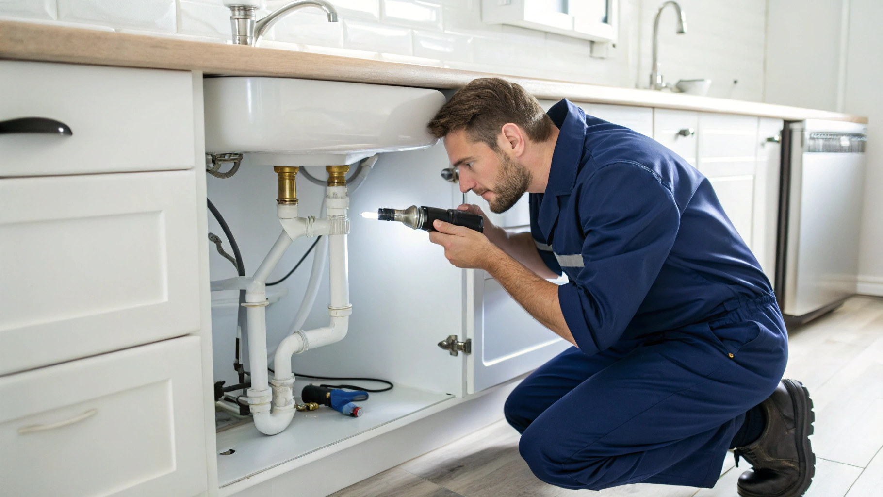 Plumber repairing a kitchen sink faucet with specialized tools