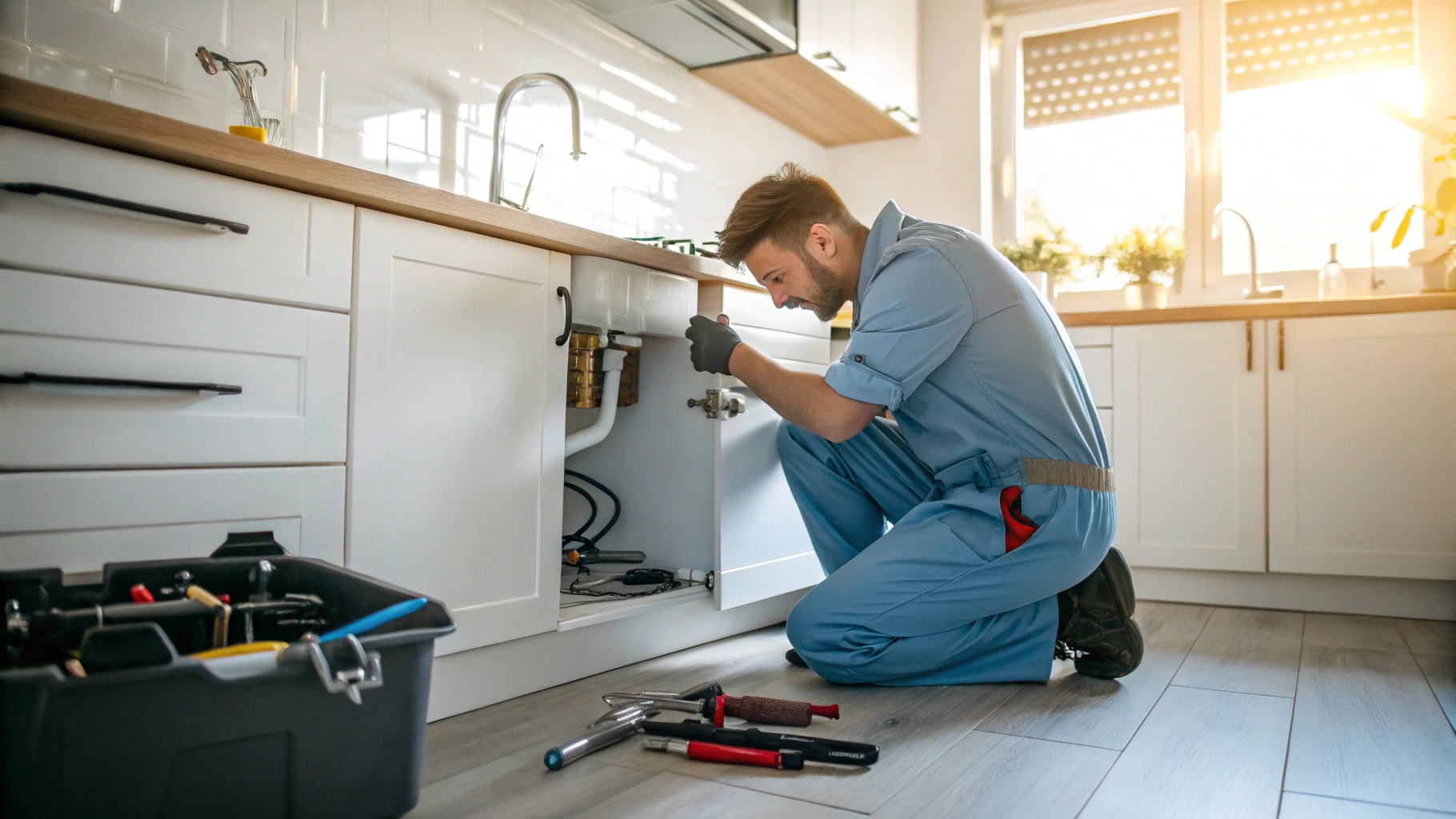 Technician tightening kitchen sink pipe connections and fixtures