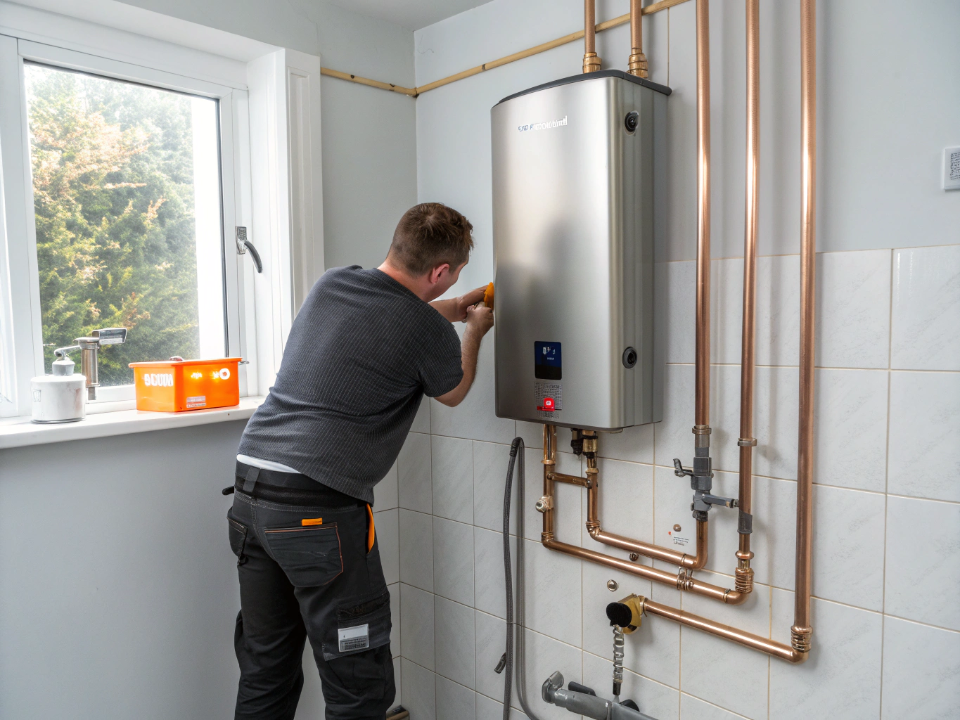 Modern tankless water heater system installed by licensed technician