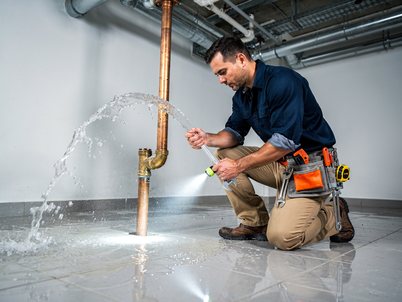 Emergency plumbing response resolving bathroom fixture flooding