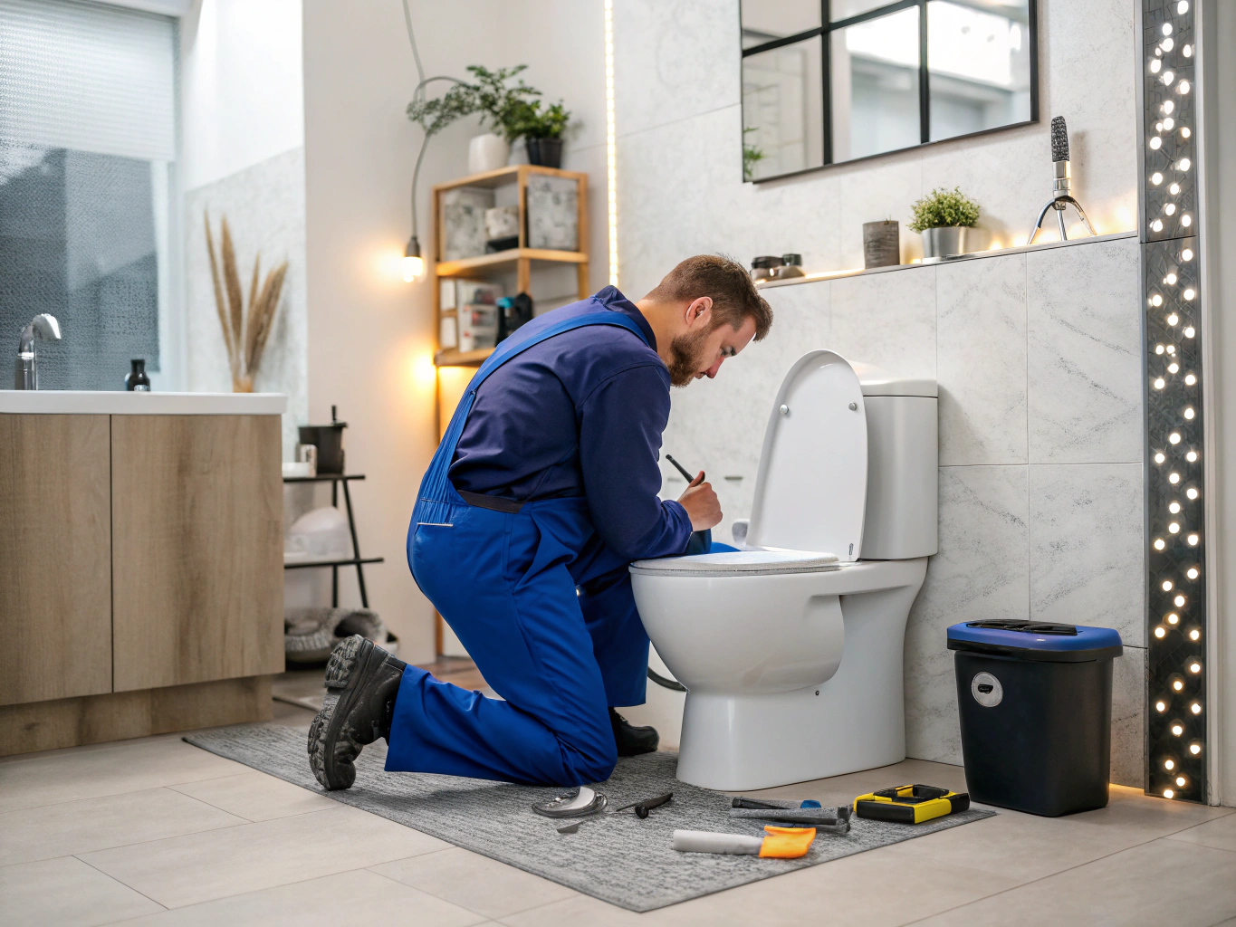 Plumber inspecting and repairing a residential toilet fixture