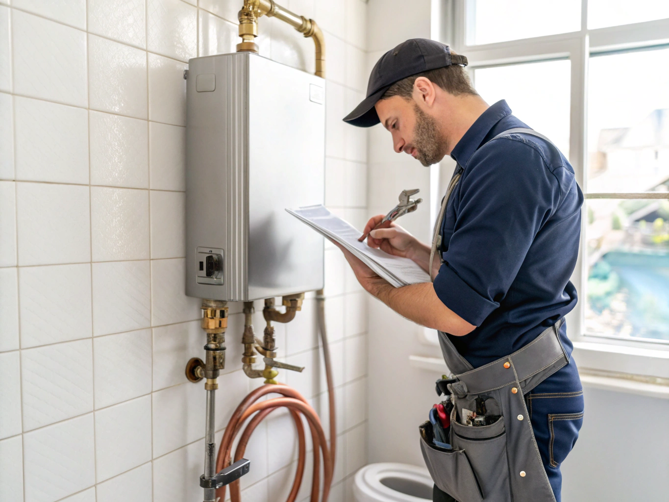 Plumber inspecting and installing a new energy-efficient water heater