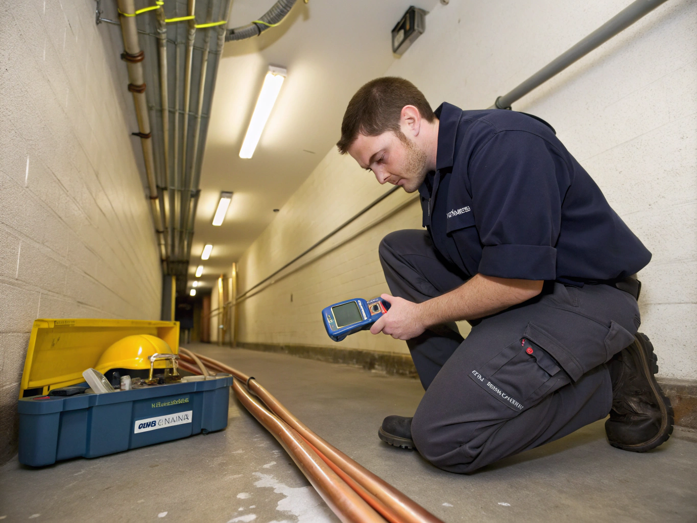 Plumber using electronic inspection tool to detect water pipe leak